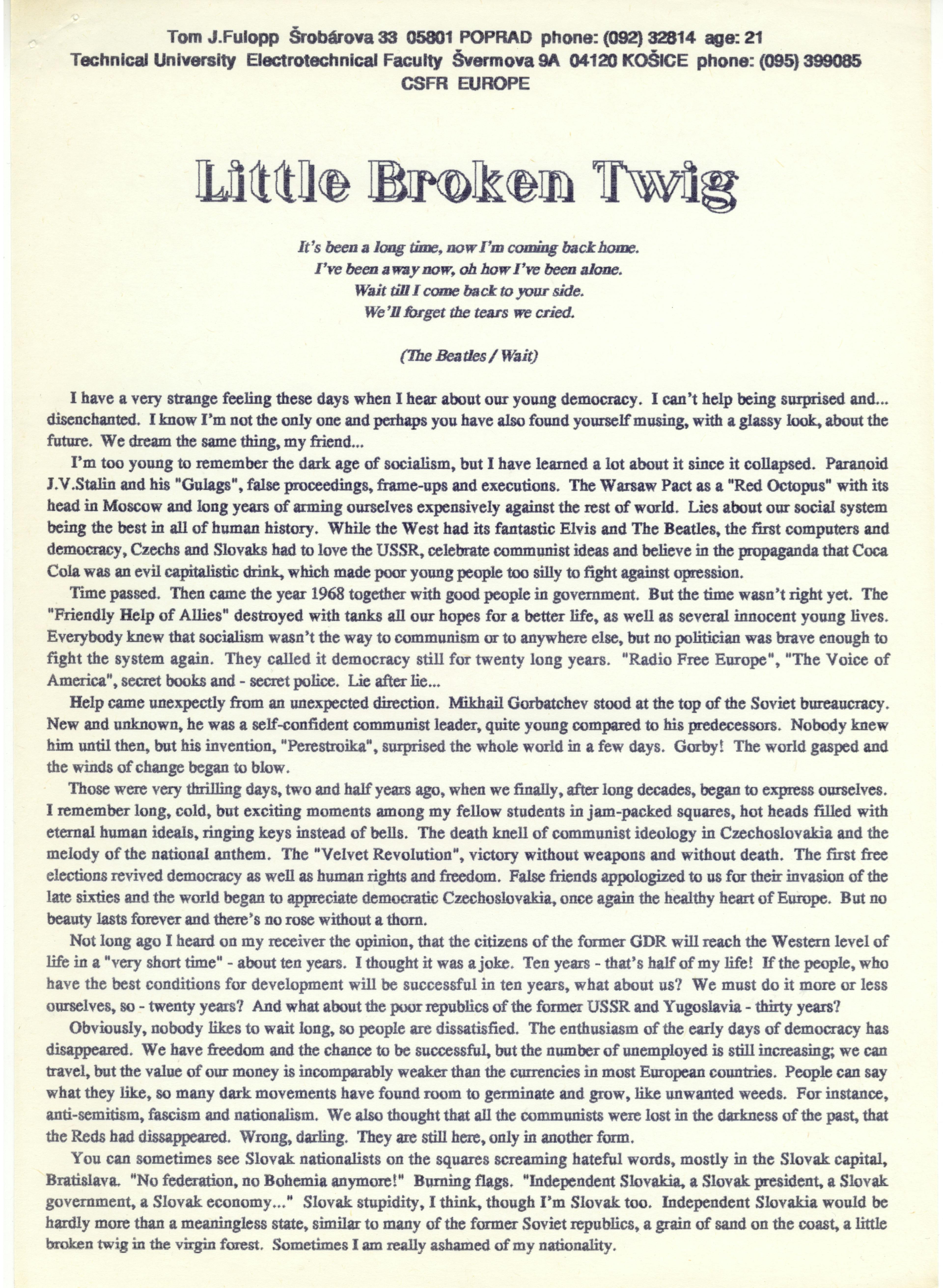 Original printout of the essay