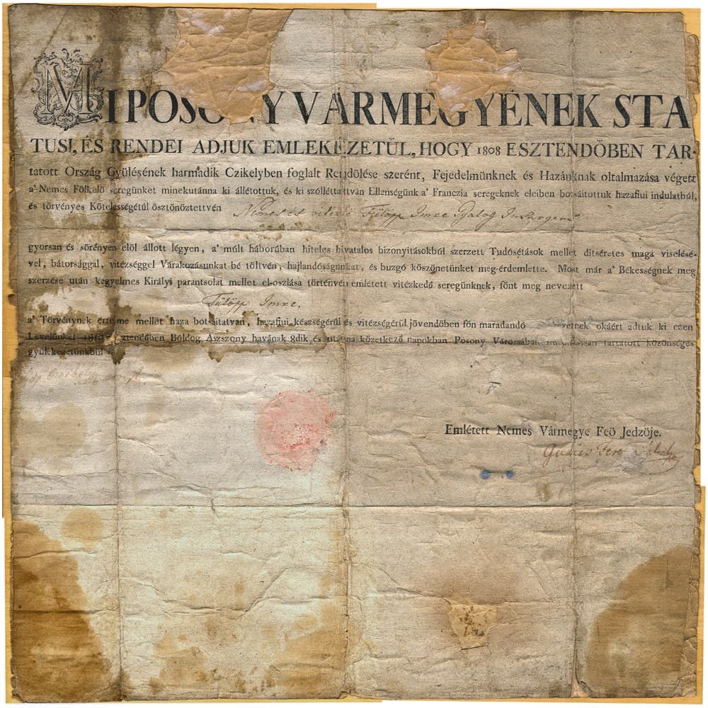 Historická listina v starej maďarčine o Imre Fülöppovi z Bratislavy, august 1810 Historická listina v starej maďarčine o Imre Fülöppovi z Bratislavy, august 1810