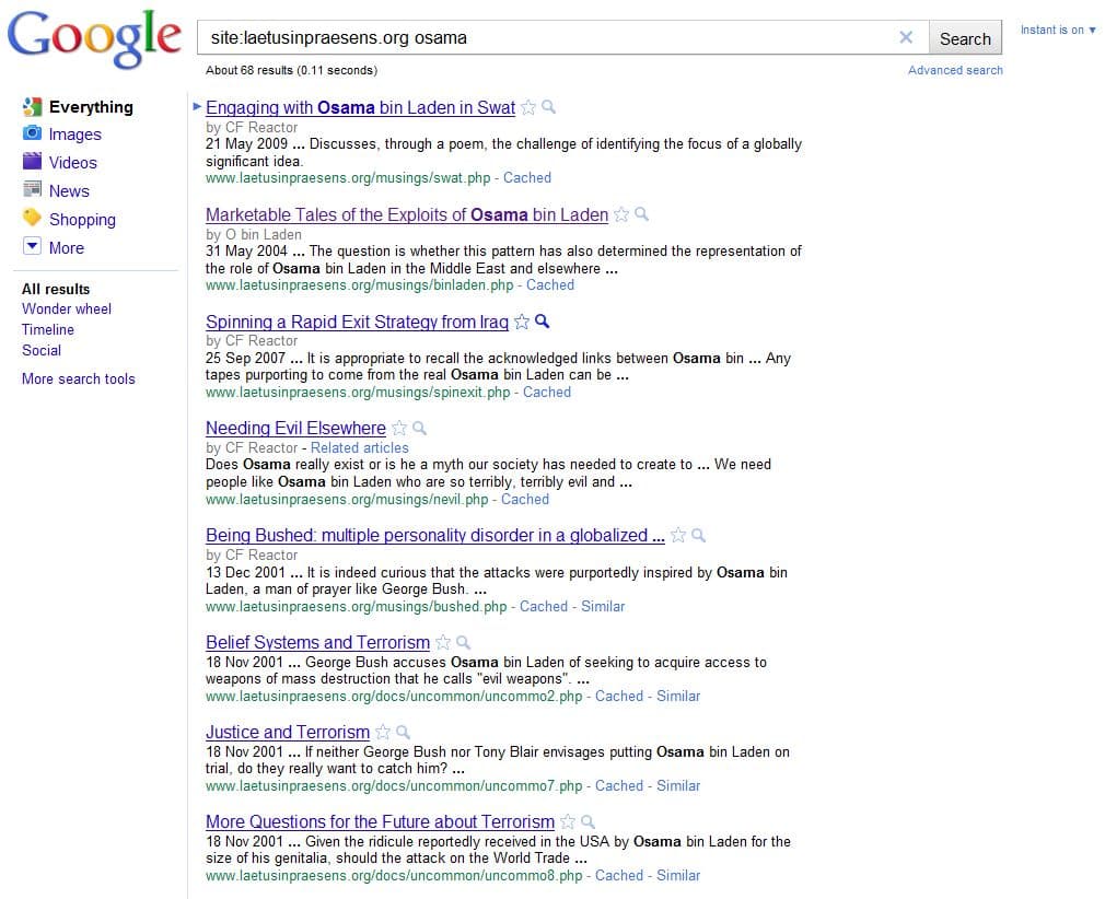 Google search results for keyword "osama" for site laetusinpraesens.org Google search results for keyword "osama" for site laetusinpraesens.org